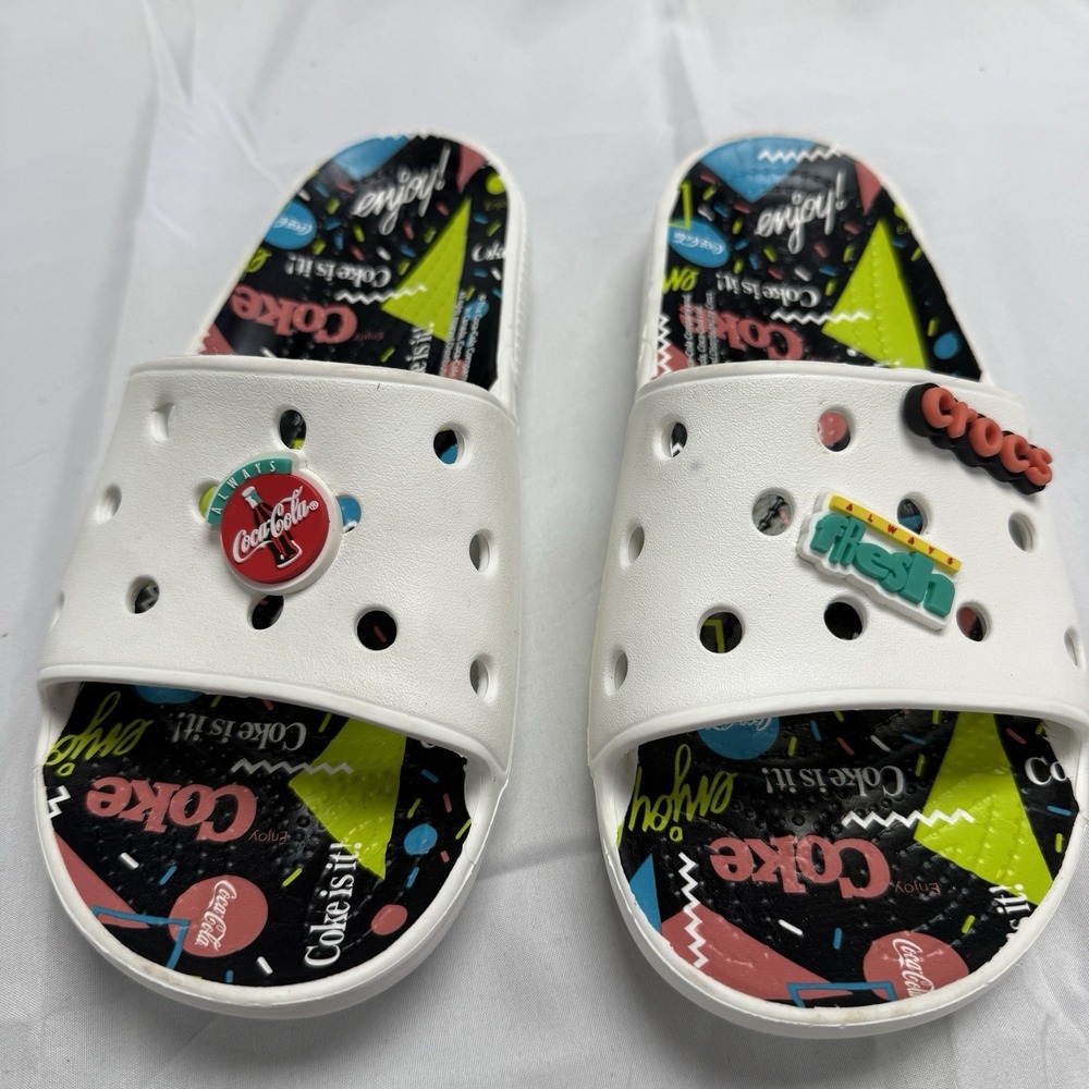 Coca-Cola 90s x Crocs Slides Shoes With Jibbits M6 W8 White Flip Flops Coke